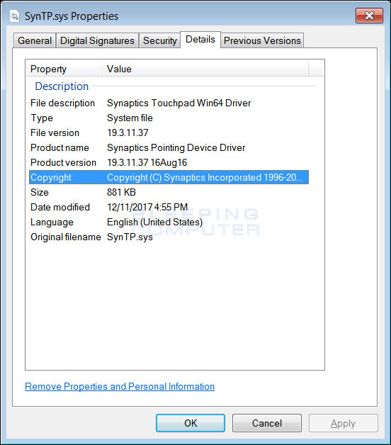 Xem thuộc tính của SynTP.sys 
